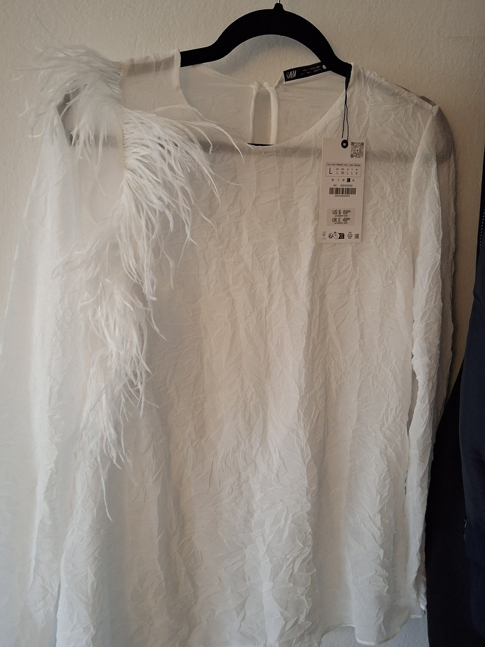 ZARA White Feather-Trim Long Sleeve Blouse